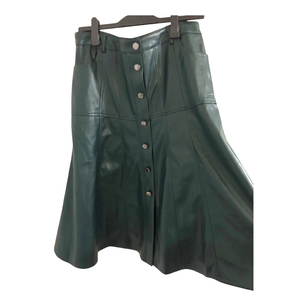 Andrew Marc Women’s pleather dark green button front a-line skirt size 16 new